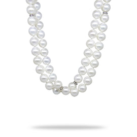 54" Pearl Necklace with Gold and Diamond Rondels