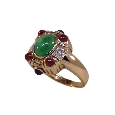 14KT Y/G Cabochon Emerald, Sapphire, & Ruby Ring