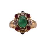 14KT Y/G Cabochon Emerald, Sapphire, & Ruby Ring