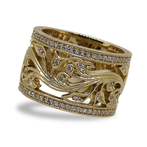 Gold Floral and Diamond Wide Band by Jolie