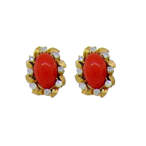 18KT Y/G Cabochon Coral Earrings