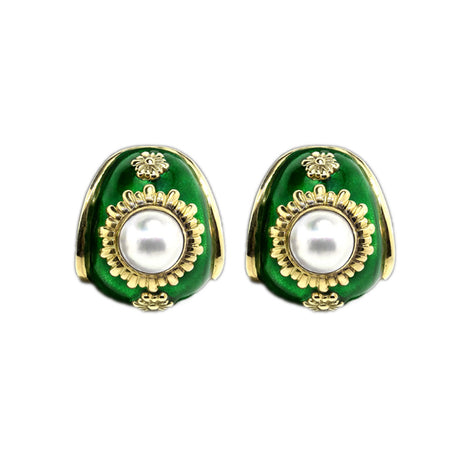 18KT Y/G Green Enamel W/ Mabé Pearl Earrings