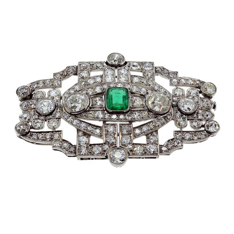 Platinum Diamond & Emerald Art Deco Brooch