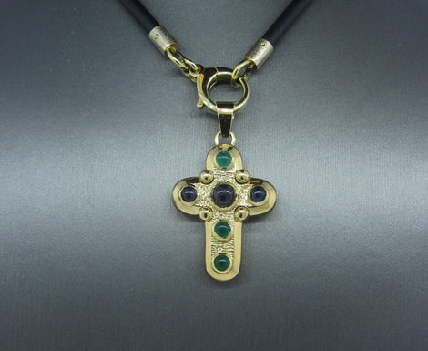 14kt Y/G Sapphire & Emerald Cabochon Cross Pendant
