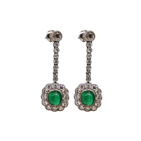 Vintage Platinum Cabochon Emerald & Diamond Earrings