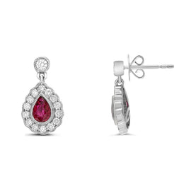Pear Shape Ruby Halo Earrings