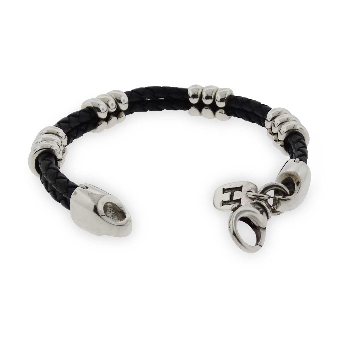 Silver and Black Leather Braided Bracelet - Image 2